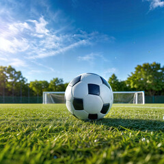 Soccer ball centered on a vivid, freshly cut grass soccer field, contrast with white boundary lines, goalposts distant in soft focus background, under clear blue sky
