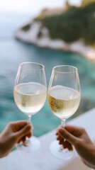 Elegant glasses of white prosecco on a balcony overlooking the sea coast