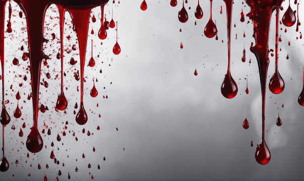 Blood drips onto a gray background, creating a dramatic and macabre scene