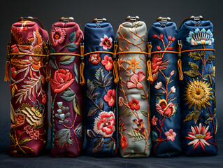 a group of colorful bags with flowers

