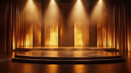 Fototapeta premium Illuminated Stage with Golden Curtains and a Circular Platform