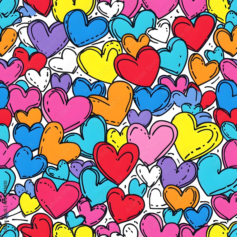 Poster 21. **generate a seamless pattern of playful, hand-drawn hearts in a cheerful color scheme.**