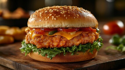 Close-up of a mouth-watering juicy and appetizing burger on a table. Freshly prepared pork chop burger.