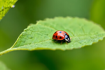 Fototapeta premium Ladybug perched on a leaf with droplets of water.