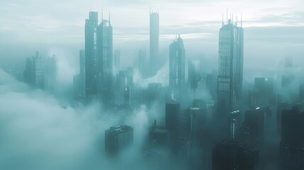 A Futuristic City Skyline Cloaked in Fog