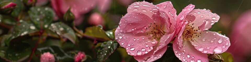 Pink wild rose adorned with raindrops and dew after rainfall