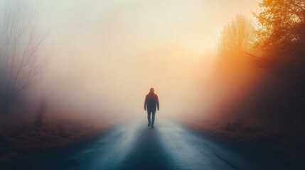 Obraz premium A solitary figure walks down a foggy road at sunrise, surrounded by soft light and trees in a secluded landscape