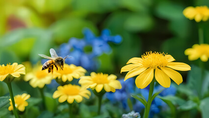 A bee hovers above bright yellow wildflowers.