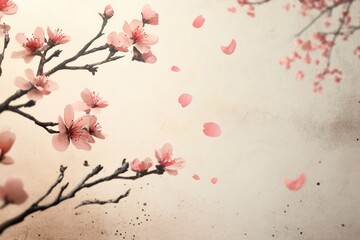 Delicate Pink Cherry Blossoms Falling on a Soft Beige Background: A Serene and Elegant Visual.