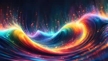 A colorful wave with a rainbow cresting it