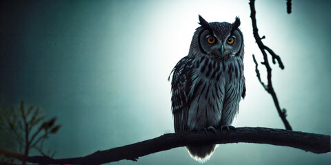 An owl perched on a branch silhouetted against a bright moon. The owl is looking directly at the camera.