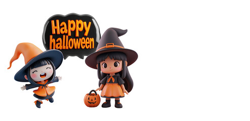 Happy Halloween Celebration with 3D Witch in Cartoon Banner with Text Copy Space, Isolated on Transparent Background, PNG