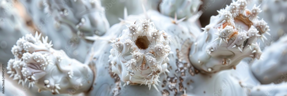 Poster close-up of a white ghost cactus displaying intricate details and its distinctive structure.