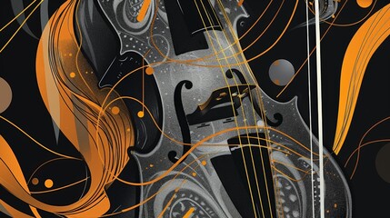 Abstract Violin with Swirls of Gold and Black.