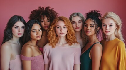 Obraz premium A diverse group of young women poses together against a vibrant pink backdrop, showcasing their unique styles and expressions