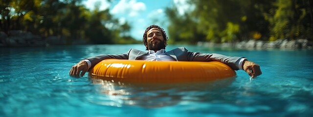  Businessman relaxing in pool with an orange float
