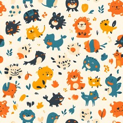 Fototapeta premium 31. **Create a seamless pattern featuring playful, cartoonish animals in a colorful, childlike design.**