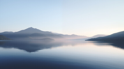 Serene Mountain Lake at Sunrise with Hazy Light