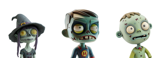 Collection of Closeup Zombie Character Set in Cute 3D Render for Halloween Graphic Elements, Isolated on Transparent Background, PNG