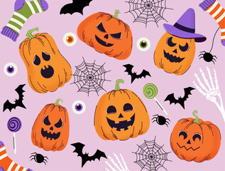 Set of sinister pumpkins. Grain effect. Halloween. Pattern. Hand drawn. Trendy doodle style. Vector. Horror. Autumn. October 31. Saints' Day. Flat. Twinkling holiday. Stickers. Icons. Jack o lantern