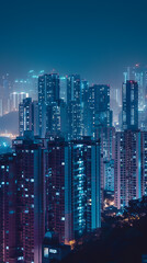 Naklejka premium The dazzling cityscape at night, with skyscrapers illuminated against the dark sky, forms a vibrant urban skyline full of energy. The metropolis comes alive after sunset