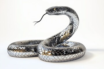 metallic 3D illustration snake standing and sticking out the venom isolated on white background 