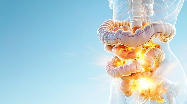 A detailed illustration of the digestive tract showing inflamed areas typical of Crohn s disease or ulcerative colitis Inflammatory bowel disease IBD concept.