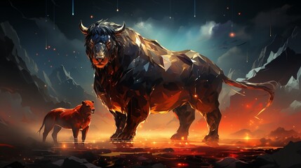 A futuristic abstract depiction of a crypto bear and bull, created with sleek, metallic shapes and vibrant color contrasts, symbolizing market trends.