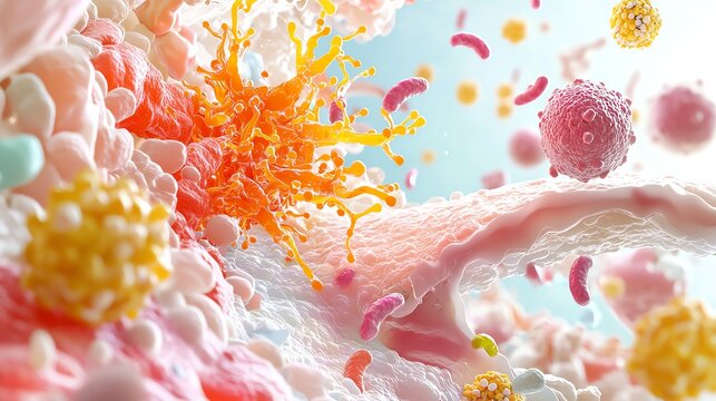 A visual representation of the process of inflammation in IBD, with cytokines and other inflammatory markers highlighted Inflammatory bowel disease IBD concept.