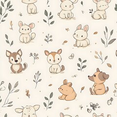 Fototapeta premium 147. **Generate a seamless pattern of charming, hand-drawn animals in a soft, pastel color scheme.**
