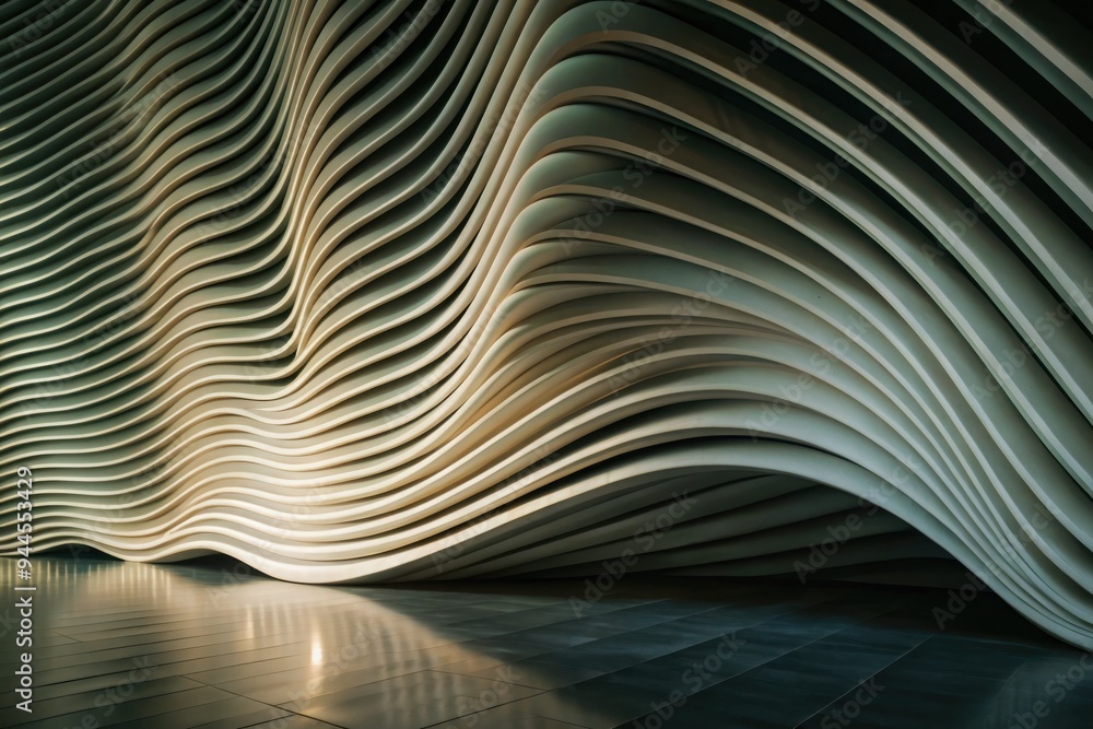 Poster fluid patterns dance across a textured wall in a modern artistic space, showcasing rhythmic waves an