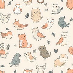 147. **Generate a seamless pattern of charming, hand-drawn animals in a soft, pastel color scheme.**