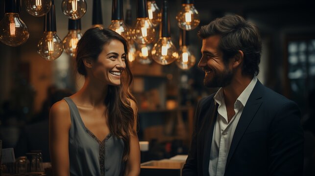 A joyful moment in the office with a male executive and a young female colleague laughing over a tablet, set against a modern and organized work environment.
