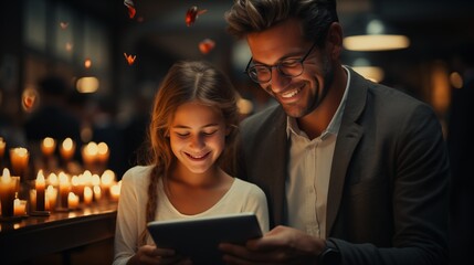 A joyful moment in the office with a male executive and a young female colleague laughing over a tablet, set against a modern and organized work environment.
