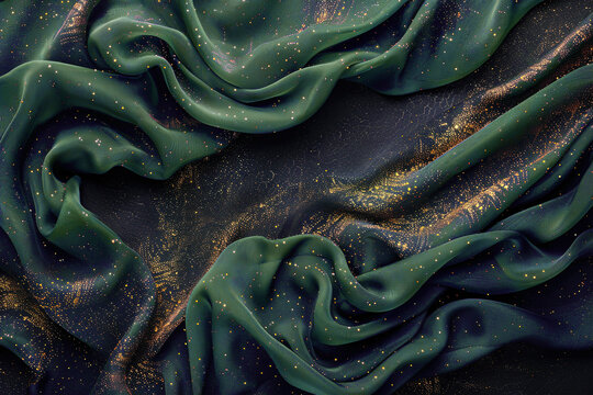 fabric background dark green silk textile with gold specks on it