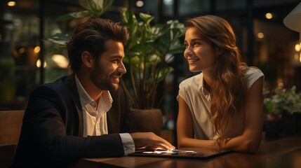 A male executive and a young female colleague sharing a light-hearted moment over a tablet, in a contemporary office space with a relaxed and friendly atmosphere.