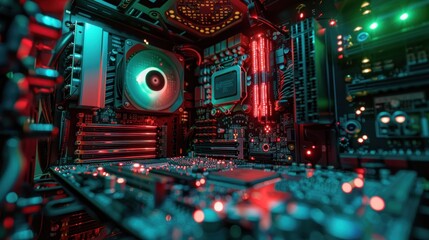 Obraz premium Computer circuit board and CPU cooling fan Inside a high-performance computer. AI generated images