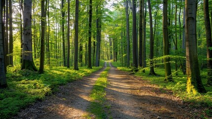 Obraz premium Sunlit Path Through Lush Forest.