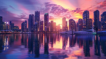 Fototapeta premium Panoramic view of tall buildings at Sunset with City Skyline. AI generated images