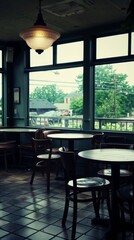Fototapeta premium Empty chairs and tables in a restaurant with a view of the street.