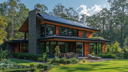 Obraz premium A modern house with solar panels on the roof, set against a backdrop of lush green grass and trees under warm sunlight. 