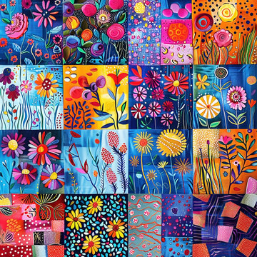 Colorful zentagle patchwork quilt or background with many patterns.