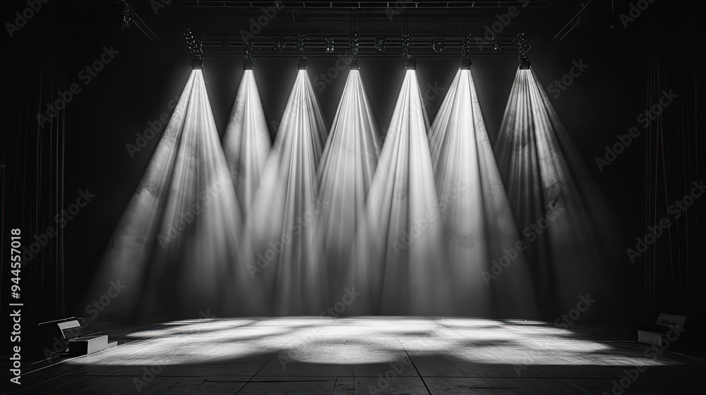 Poster dark stage with spotlights illuminating the empty floor