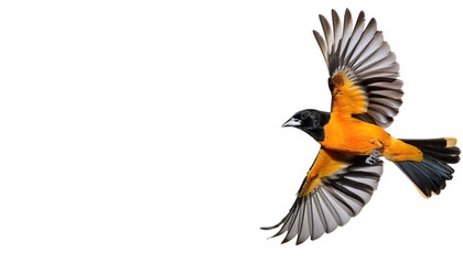Obraz premium Baltimore Oriole - Icterus galbula - is a small icterid blackbird common in eastern North America as a migratory breeding bird. Flying isolated on white background with copy space