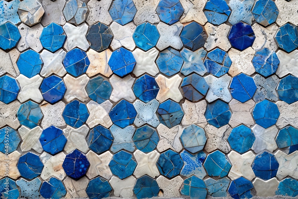 Poster a beautifully crafted mosaic of blue tiles displaying various geometric patterns and shades, highlig
