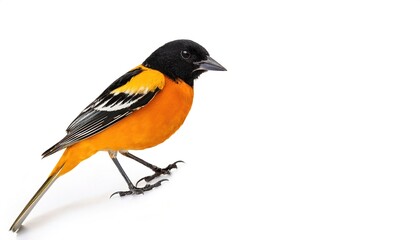 Baltimore Oriole - Icterus galbula - is a small icterid blackbird common in eastern North America as a migratory breeding bird. perched side view isolated on white background with copy space