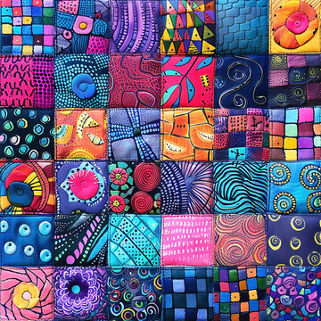 Colorful zentagle patchwork quilt or background with many patterns.