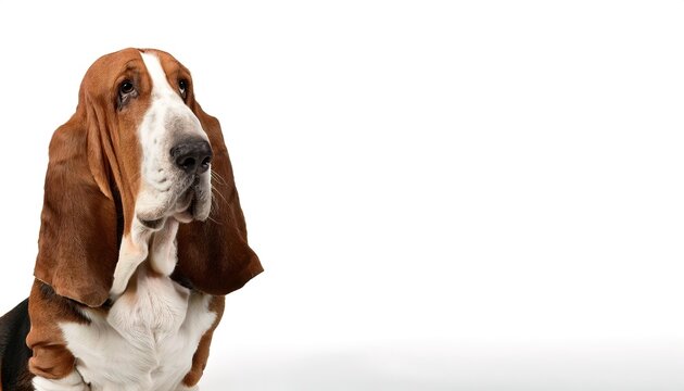 Basset hound dog - Canis lupus familiaris - is a short legged breed of dog whose sense of smell and ability to ground scent is second only to the Bloodhound. It has droopy face skin. Isolated on white