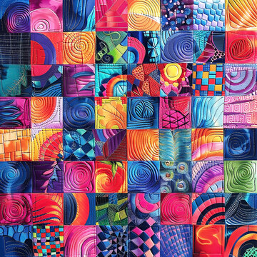 Colorful zentagle patchwork quilt or background with many patterns.