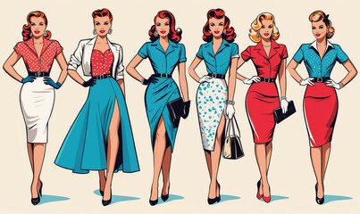 Six women in retro style dresses and accessories walk forward